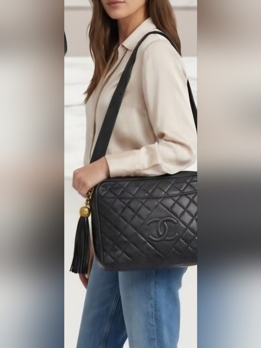 Authentic CHANEL CC Logo Quilted Camera Tassel Lambskin Vintage Bag Dustbag Set